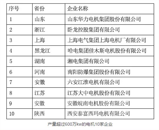 產(chǎn)量超過600萬kw的電機(jī)10家企業(yè)