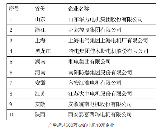 產量超過600萬kw的電機10家企業(yè)